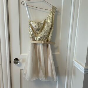 Junior size - One shoulder gold/chiffon dress.